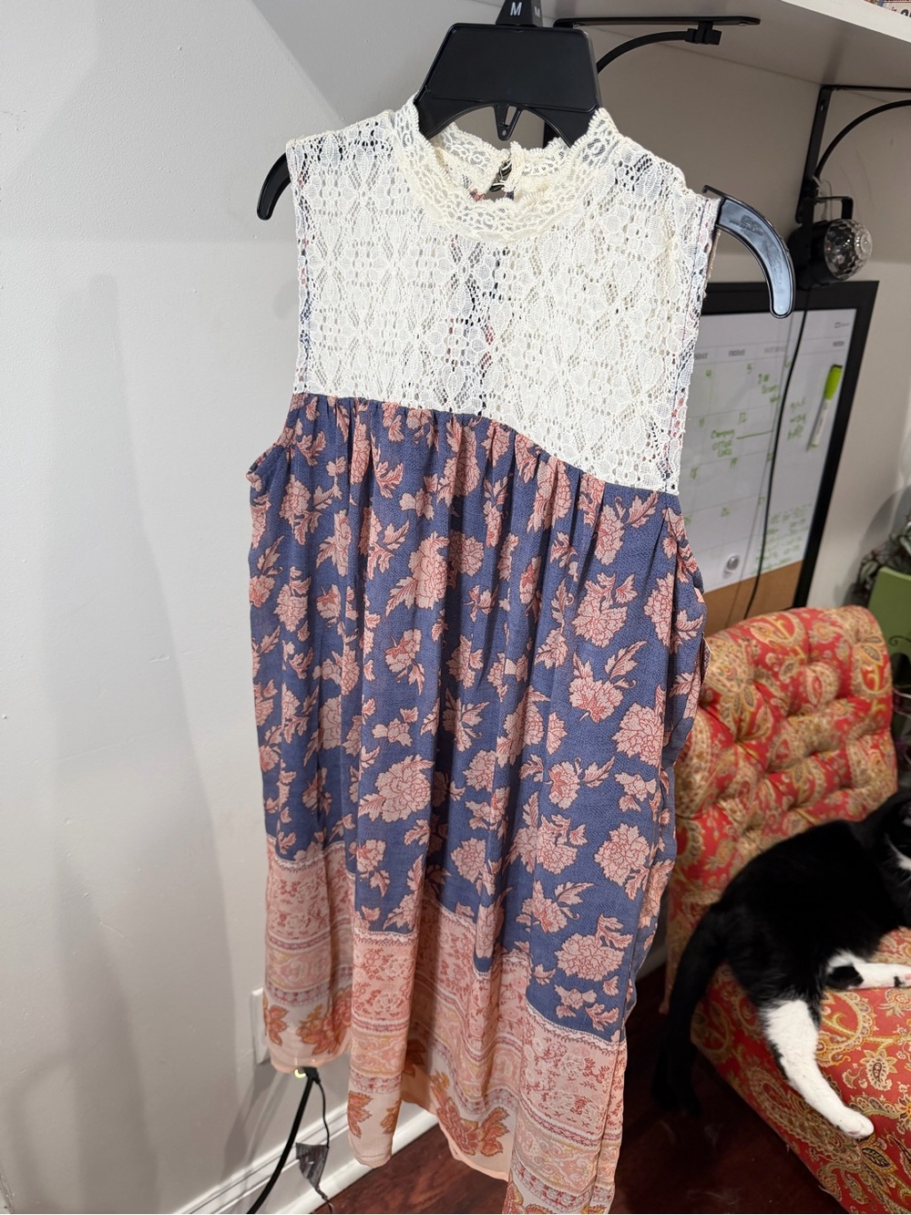Sleeveless Floral Lace Yoke Sundress in Blue and Pink